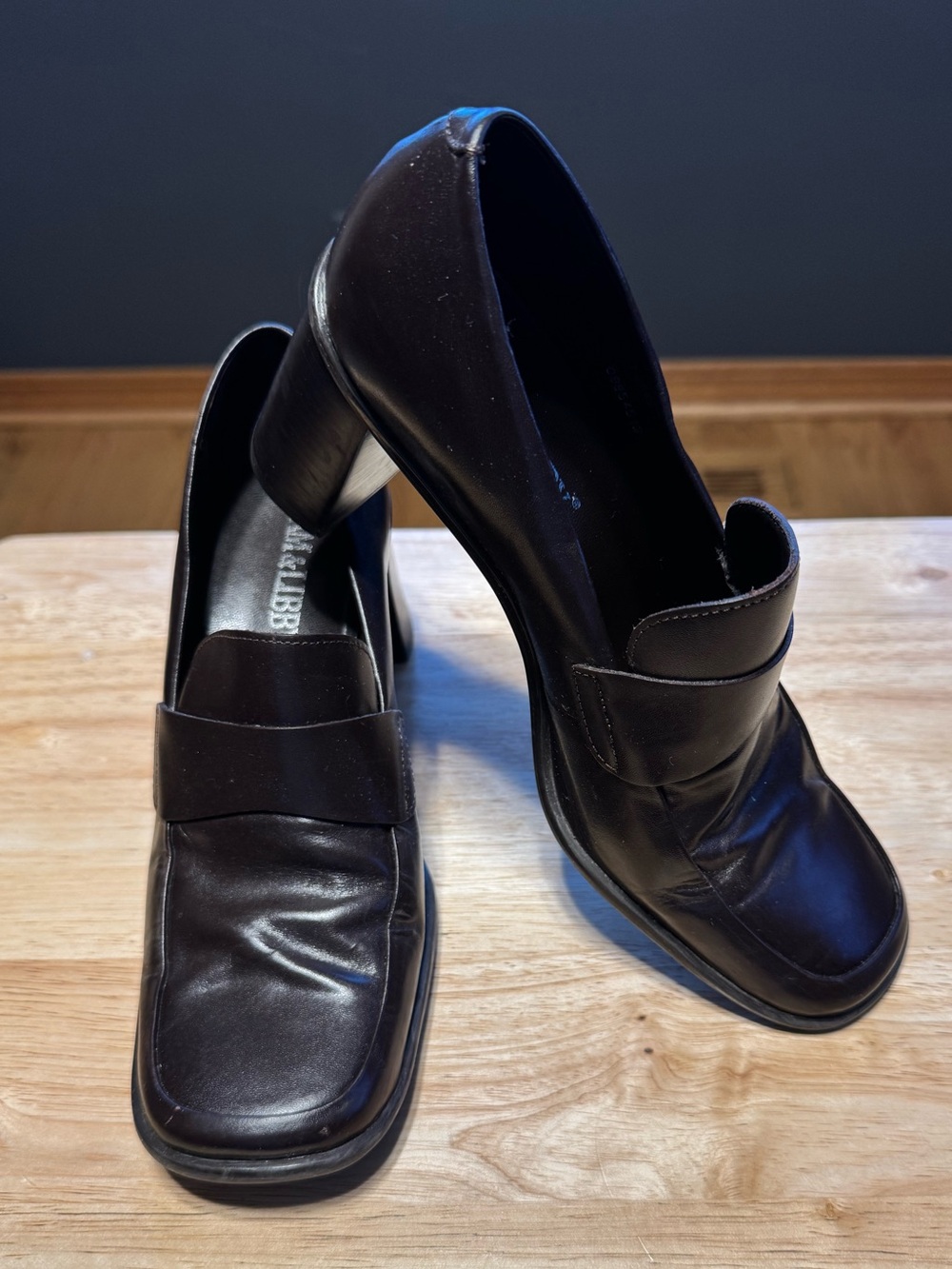 Vintage 90s Sam & Libby Brown Leather Heeled Loafers - Square Toe Block Heel